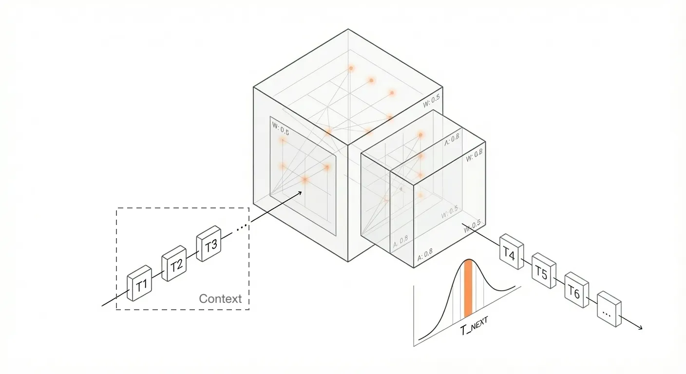 LLM as a pure function: input tokens flow through the model's parameters, producing output tokens via probability sampling